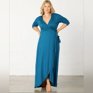 NWOT Kiyonna Womens Teal Ruched 3/4 Sleeve Meadow Dream Maxi Wrap Dress PLUS 3X